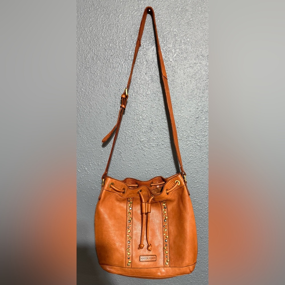 MARTA PONTI Tan Leather Crossbody Bag with Stud Details - Picture 1 of 8